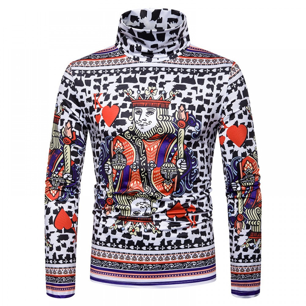 New Men's Large Size 3D Playing Cards Printing High Neck Long Sleeve T-Shirt Bottoming Shirt